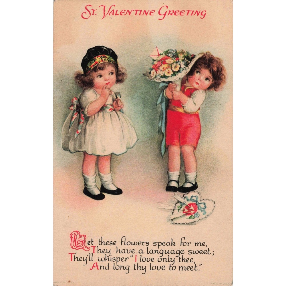 Valentine Postcard 1931 Wolf & Co Children Flowers Divided Back Antique